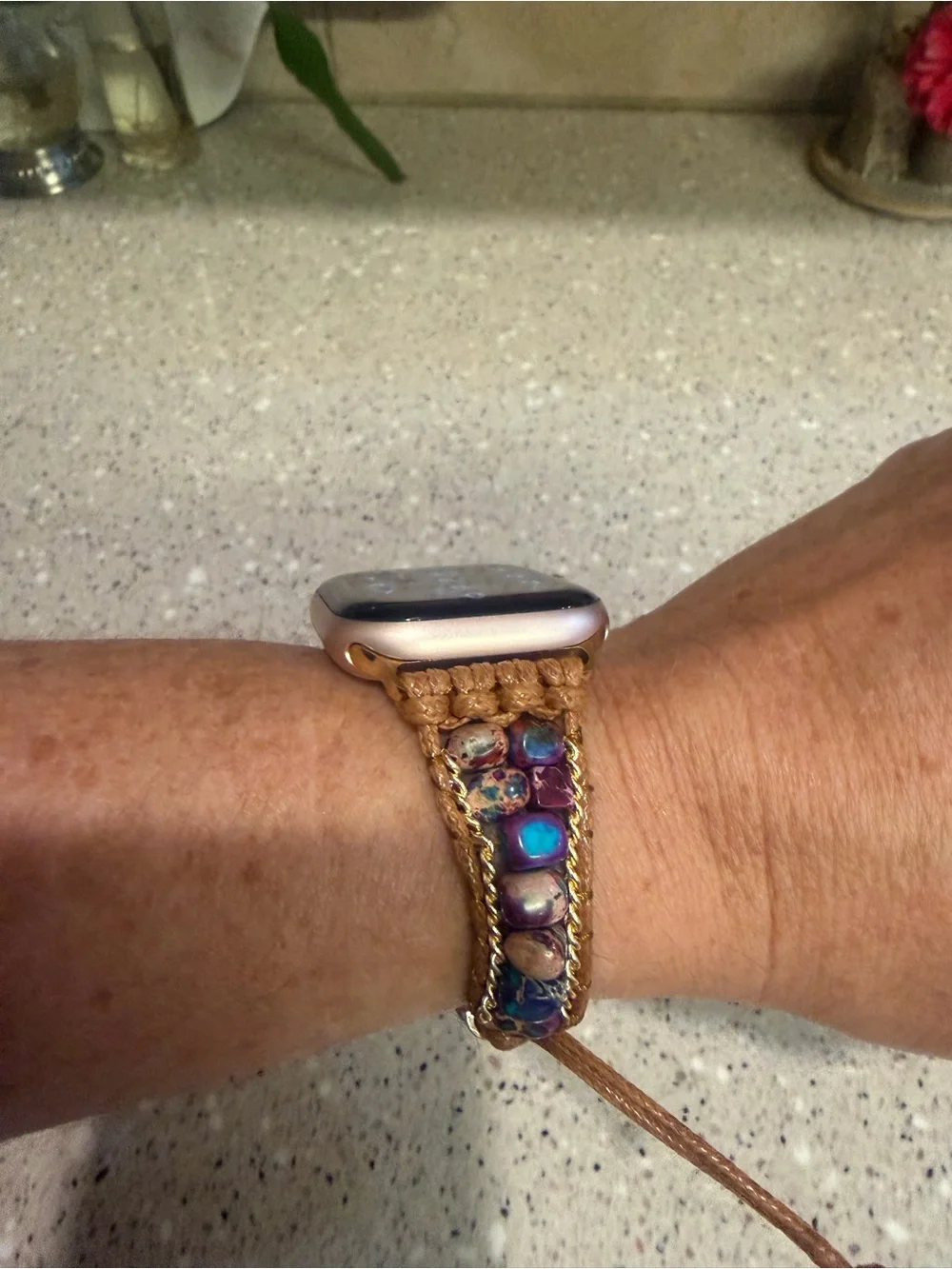 Cape Diablo Handcrafted Tan Leather Watch Band with Multicolor Beads